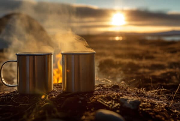 Office Hours webinar - two steaming mugs are on the floor in front of a tent and campsite whilst the sun rises.