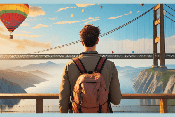 interactive video - a man looks out onto a suspension bridge with a hot air balloon behind it