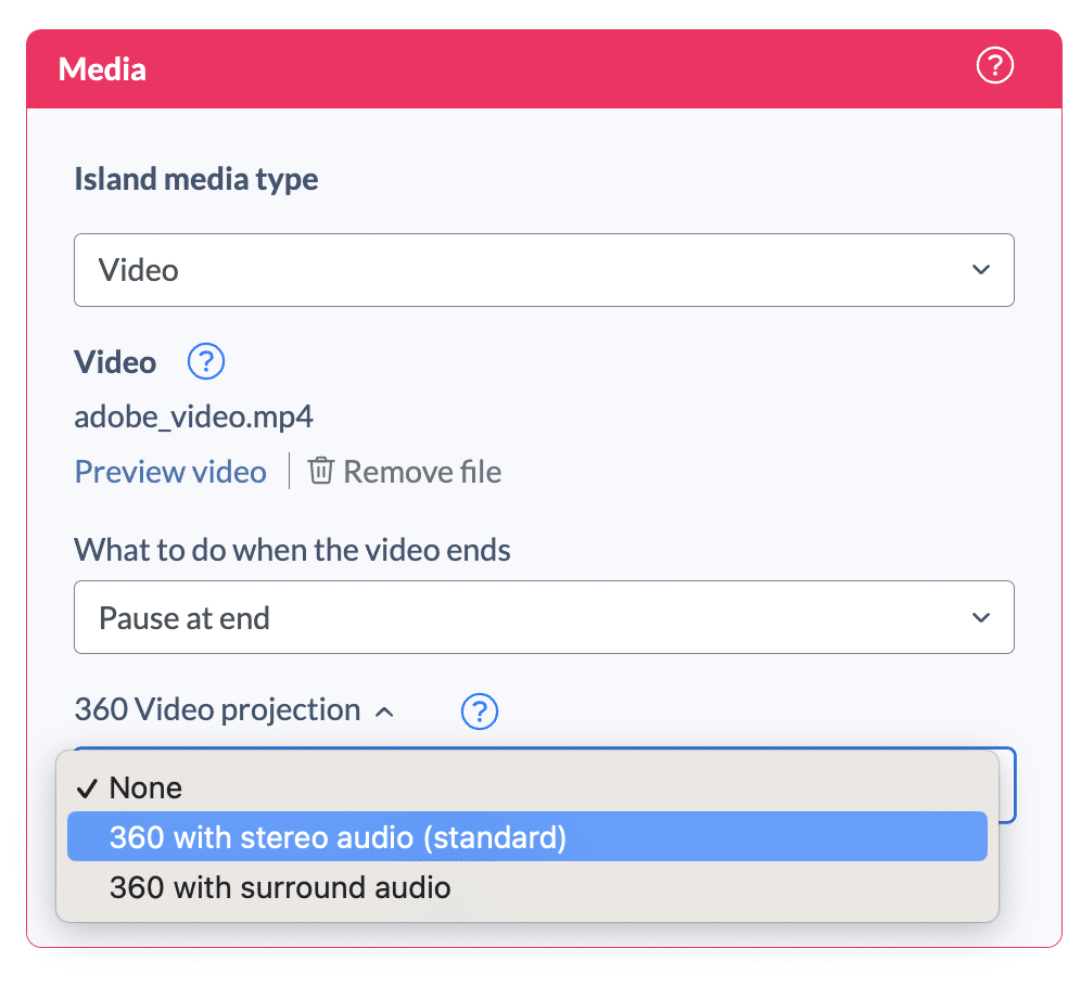 Screenshot showing 360 video projection option