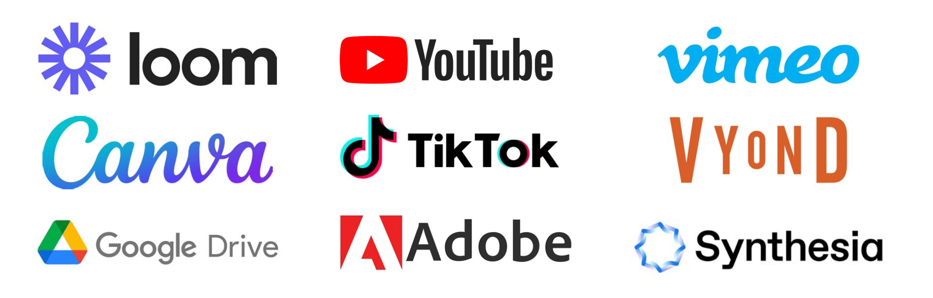 Make all your content interactive - logos for loom, youtube, vimeo, canva, tiktok, vyond, google drive, adobe, synthesia