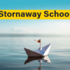 Stornaway School - event banner - picture is a paper boat sailing on a clear body of water with a bright blue background and fluffy clouds