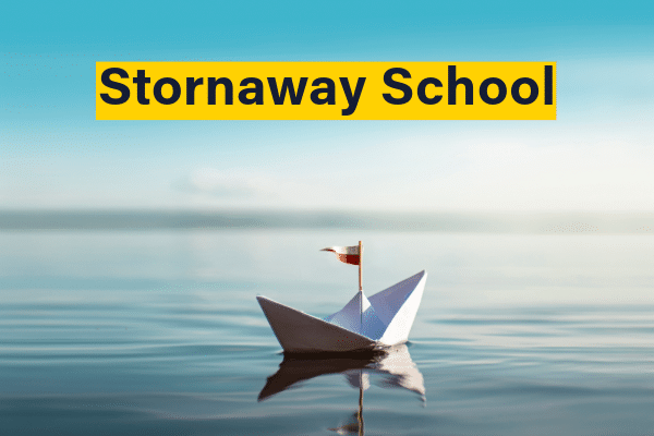 Stornaway School - event banner - picture is a paper boat sailing on a clear body of water with a bright blue background and fluffy clouds