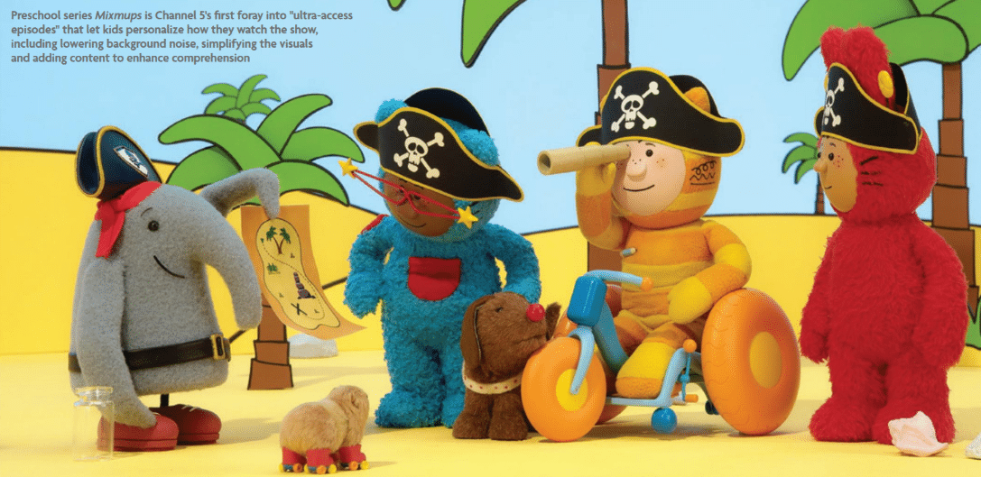 A still from Mixmups. Three animated children stand on a beach with palm trees wearing pirate hats and playsuits. One is in a wheelchair, looking through a telescope. An animated elephant is showing them a treasure map.