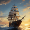 A traditional sailing ship heads across the sea on a voyage with a sunrise on the horizon