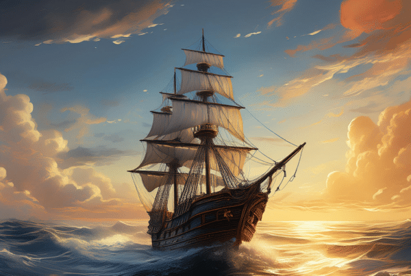 A traditional sailing ship heads across the sea on a voyage with a sunrise on the horizon