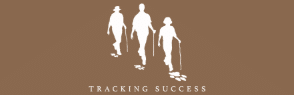 Tracking Success - Stornaway Partner White silloutes of three people walking with hiking sticks. There are animal footprints below them. White text reads "Tracking Success"