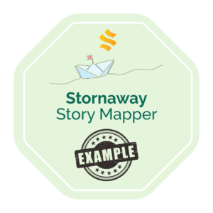 Story Mapper Badge - an example of a badge/token the Stornaway School learners can get for watching session. A pale green octogen with a pencil-like sketch of a paper boat with a red flag in the top and a thin wavy line representing water. A big stamp says "example"