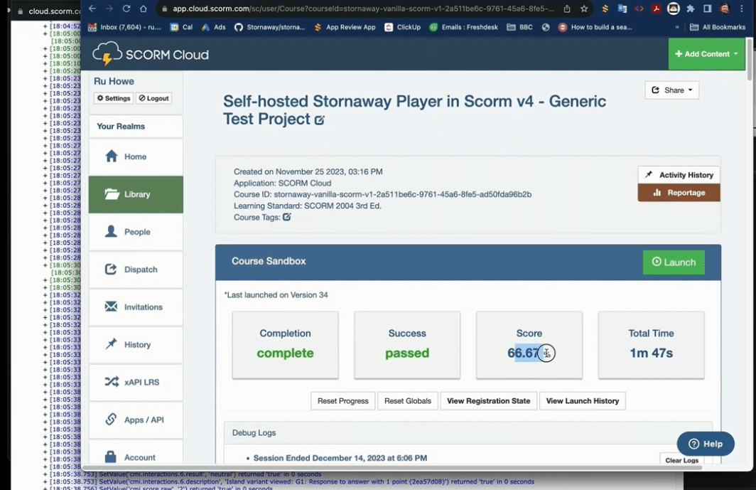 SCORM Cloud - screen shows the SCORM Cloud panel with a project uploaded and a test in session