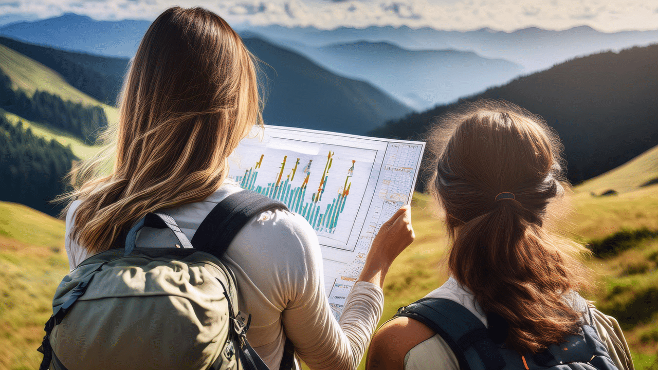 Image generated by Firefly AI Data Storytelling in nature the back of two women wearing backpacks looking at the mountains ahead. They are looking at a big map - the map shows a graphs coming off of the page with clear points of highs and lows.